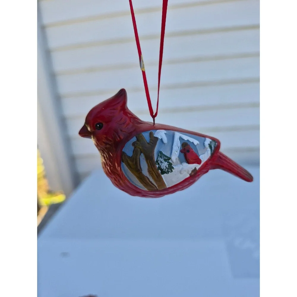 Red Cardinal Christmas Ornaments Set of 2 Winter Scene Hand Painted Bird Decor